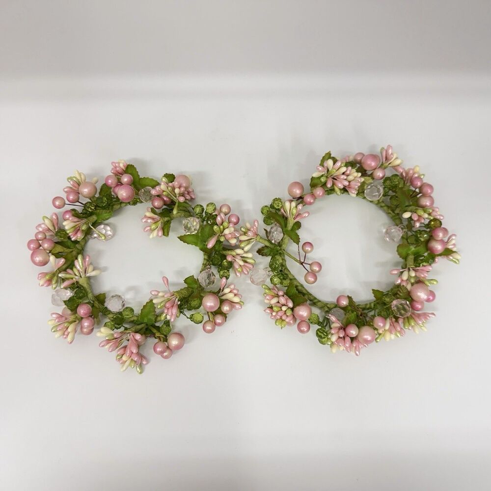 Set of 2 Pink Green Beaded Floral Candle Rings 7” Mini Wreath Spring Decor
